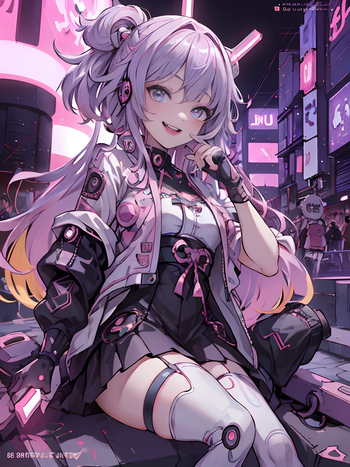 Anime masterpiece, best quality, (((laughing teenaged cyberpunk girl ((wearing detailed Harajuku tech jacket)) posing for portrait))), (((Harajuku cyberpunk clothing)))), (bold colors and patterns), eye-catching accessories, trendy and innovative hairstyle))), ((insane detail)), dazzling Cyberpunk cityscape, skyscrapers, glowing neon signs, (LED lights), anime illustration, detailed skin texture, detailed cloth texture, beautiful detailed face, intricate details, ultra detailed, cinematic lighting, strong contrast, colorful.