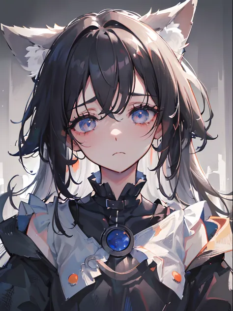 (masterpiece,best quality,ultra-detailed),1girl,black hair,messy hair ,wolf ears,beautiful and detailed face, detailed eyes,look...