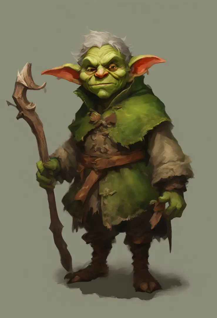 A small, young, green-skinned, warmly dressed, (winter clothes) goblin ...