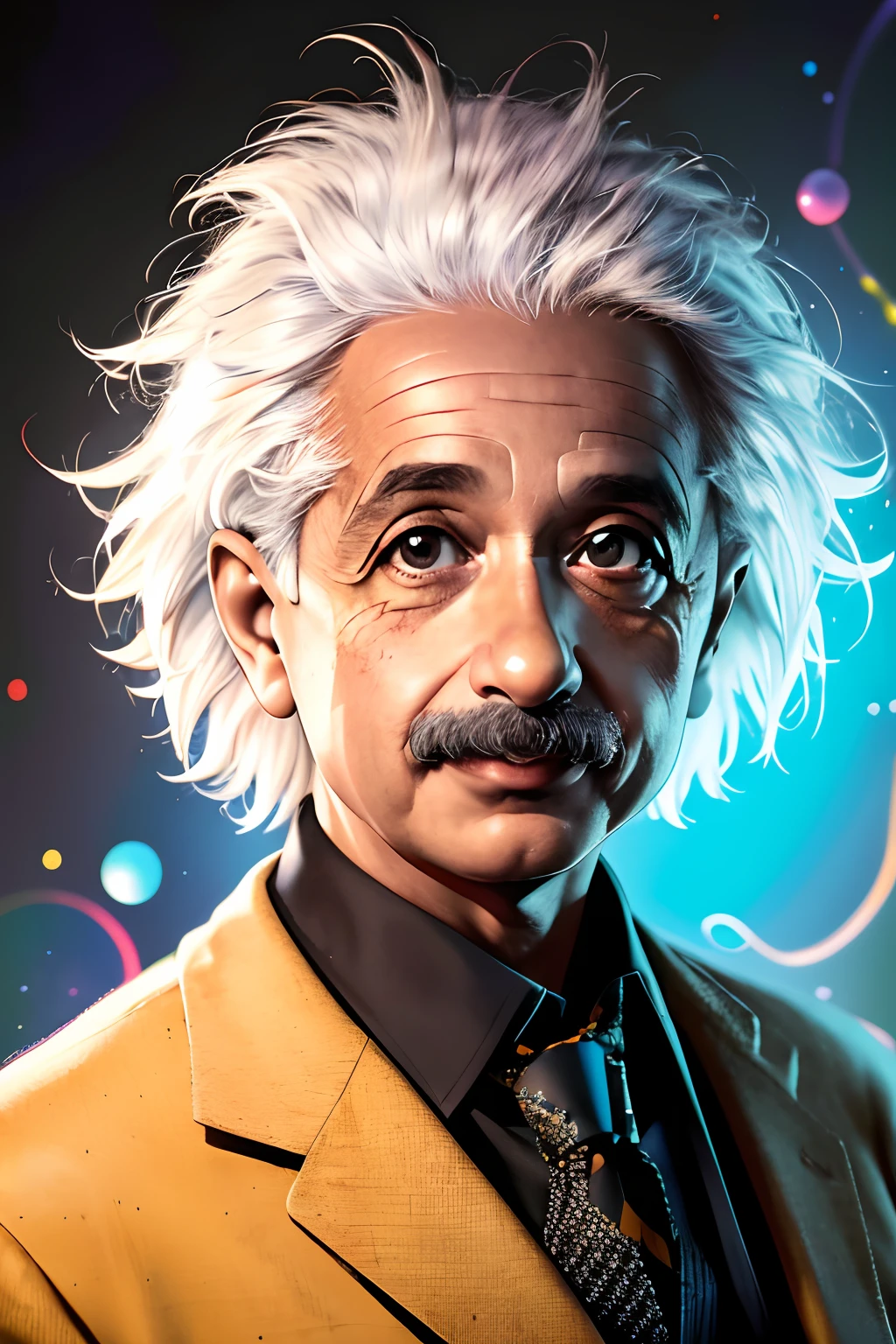 albert einstein, scientist, investigation, chemisty,  retrato, cabelos brancos, short hair, 1st grade, boa qualidade, best quality, Realistic, hyper realistic, ultra realistic,  circunstanciado, extremamente detalhado, foco facial, concentrado, desfoque de fundo, messy hair, 
Quarto Antigo, sentado, Sorriso leve, Olhando para o Viewer, parte superior do corpo, fundo multicolorido,