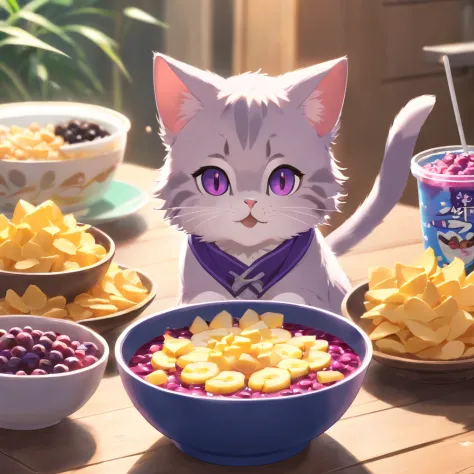 An exquisite CG illustration shows a cute cat with big eyes enjoying acai bowl and chips in front of an acai cia, sob uma lua cheia. The cat is wearing a purple outfit.