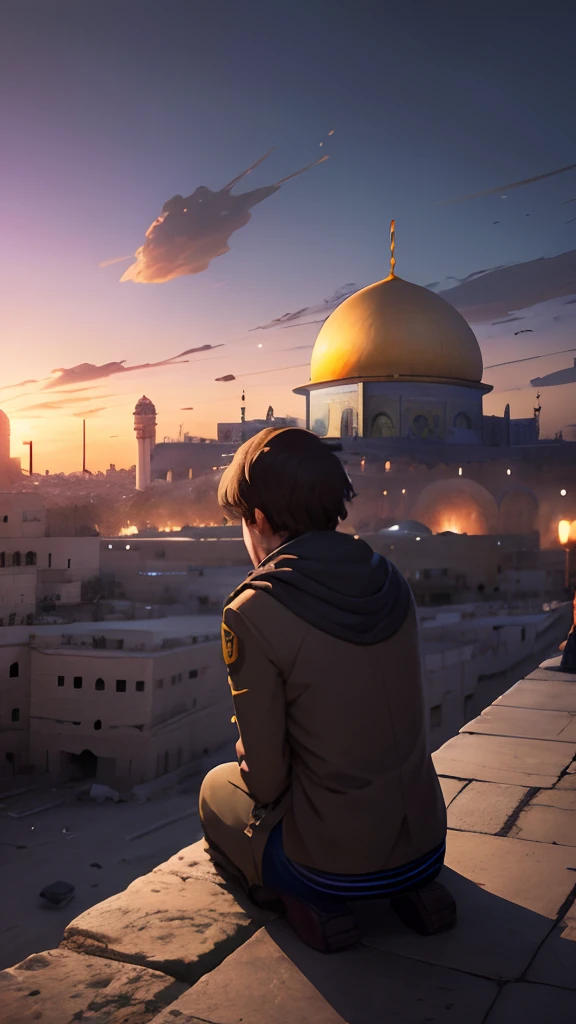 Create a poignant scene with Al-Aqsa Mosque at its heart, encircled by the devastation of war-torn buildings, featuring an anime-style young boy shedding tears, all in the emotionally charged Makoto Shinkai artistic style, Al-Aqsa Mosque, big fantasy city, Science fiction, ethereal city, many planets in the skies, clouds around, celestial architecture, purple energy scarring around, astral skies