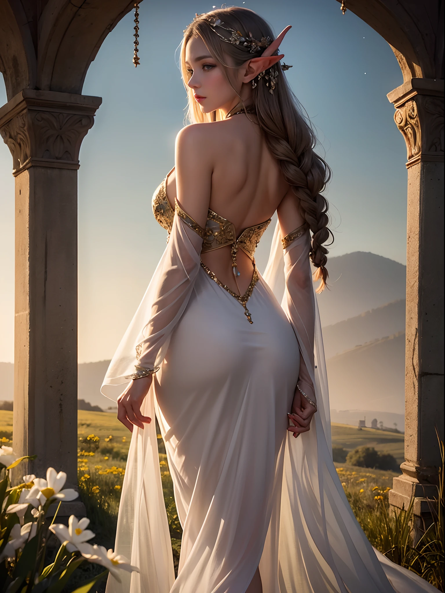 Graceful elven girl standing in the meadow, A delicate face illuminated by the soft light of the setting sun. Her long, Flowing hair flows down the back, Decorated with intricate braids、Adorned with sparkling gemstones. This stunning painting is、It captures the ethereal beauty of elves. Her slender figure in a silk dress、Swaying in the soft meadow breeze. Attention to detail、It is evident in the intricate patterns of the dress and the subtle highlights of the luminescence. skin. The breathtaking portrayal of the elven girl is、Create an enchanting atmosphere、It invites the viewer to a magical world.