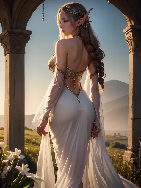 Graceful elven girl standing in the meadow, A delicate face illuminated by the soft light of the setting sun. Her long, Flowing ...