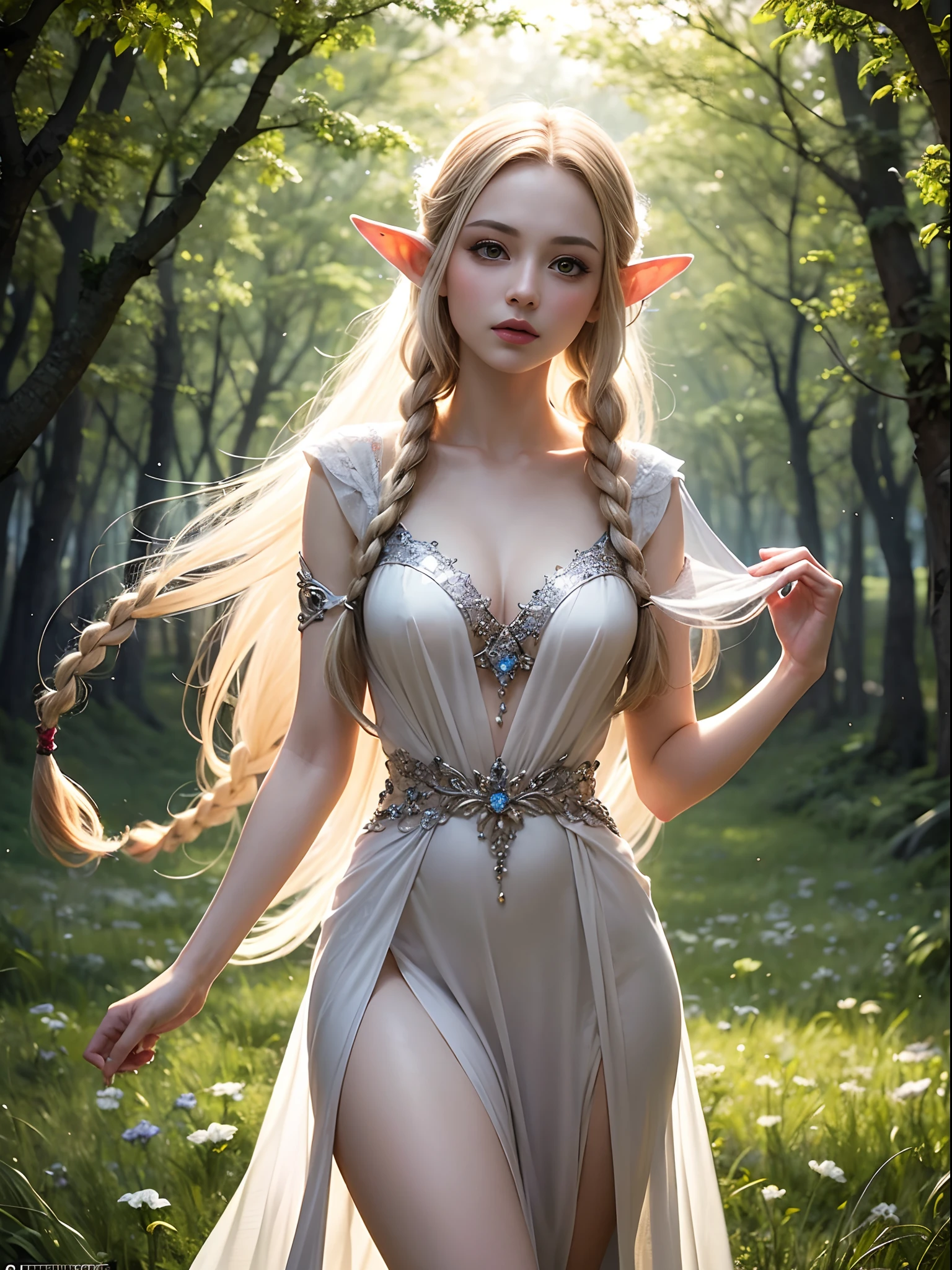Graceful elven girl standing in the meadow, A delicate face illuminated by the soft light of the setting sun. Her long, Flowing hair flows down the back, Decorated with intricate braids、Adorned with sparkling gemstones. This stunning painting is、It captures the ethereal beauty of elves. Her slender figure in a silk dress、Swaying in the soft meadow breeze. Attention to detail、It is evident in the intricate patterns of the dress and the subtle highlights of the luminescence. skin. The breathtaking portrayal of the elven girl is、Create an enchanting atmosphere、It invites the viewer to a magical world.
