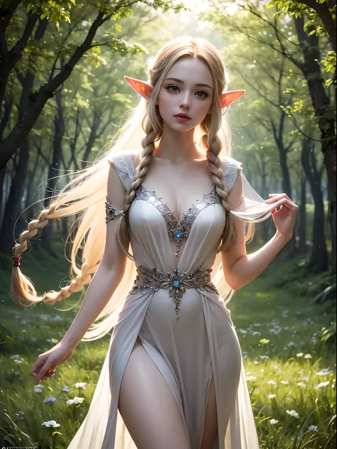 Graceful elven girl standing in the meadow, A delicate face illuminated by the soft light of the setting sun. Her long, Flowing ...