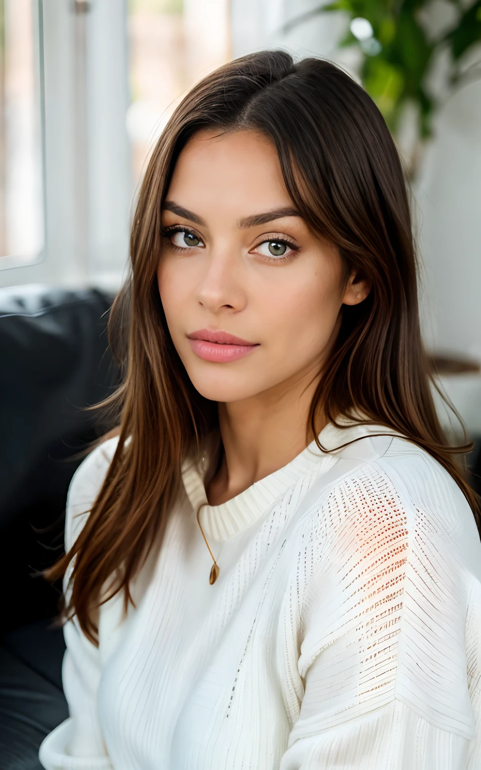 Gorgeous woman wearing light white sweater in her sofa living room very detailed, 31 years old, big lips, long nose,wearing natural makeup, natural dark long hair, green eyes, high resolution, masterpiece, best quality, intricate details, highly detailed, sharp focus, detailed skin, realistic skin texture, texture, detailed eyes, professional, 4k, charming smile, shot on Canon, 85mm, shallow depth of field, kodak vision color, perfect fit body, extremely detailed, foto_\(ultra\), photorealistic, realistic, post-processing, maximum detail, roughness, real life, ultra realistic, photorealism, photography, 8k uhd, photography