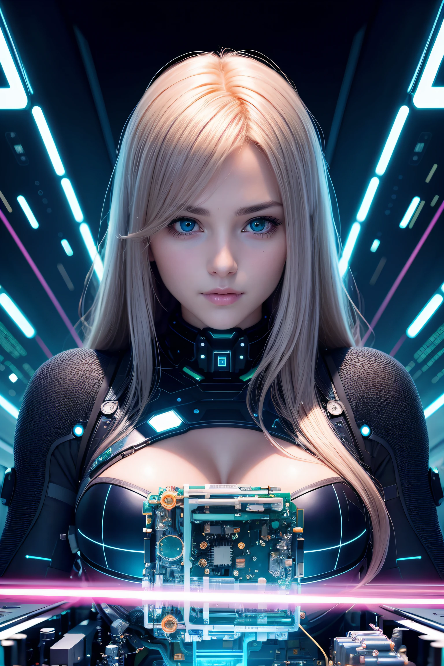 beautiful girl repairing a quantum computer, large ultra detailed technical parts, complex structures, ultra detailed shiny reflections, future style, detailed cinematic effects, ultra detailed reflections, ultra animated detailed digital art, beautiful realistic face, beautiful eyes, perfect focus, highest possible resolution, by Tokaito