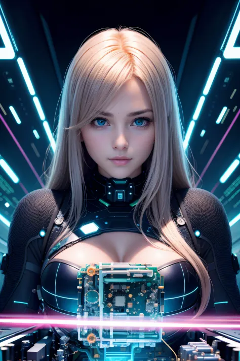 beautiful girl repairing a quantum computer, large ultra detailed technical parts, complex structures, ultra detailed shiny refl...