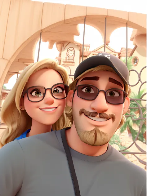 Casal estilo disney pixar melhor qualidade alta qualidade. man in cap, beard and sunglasses. Mulher loira, sunglasses blonde hair, longos e lisos