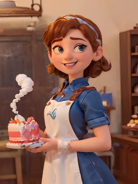 (Pixar-style poster of a cute girl seen from the front in a white chef's uniform, Smiling and showing a decorated medium cake. playful face, (com cabelos castanhos cacheados, pele jovem e delicada, queixo pequeno, queixo curto. expression of laughter, exag...