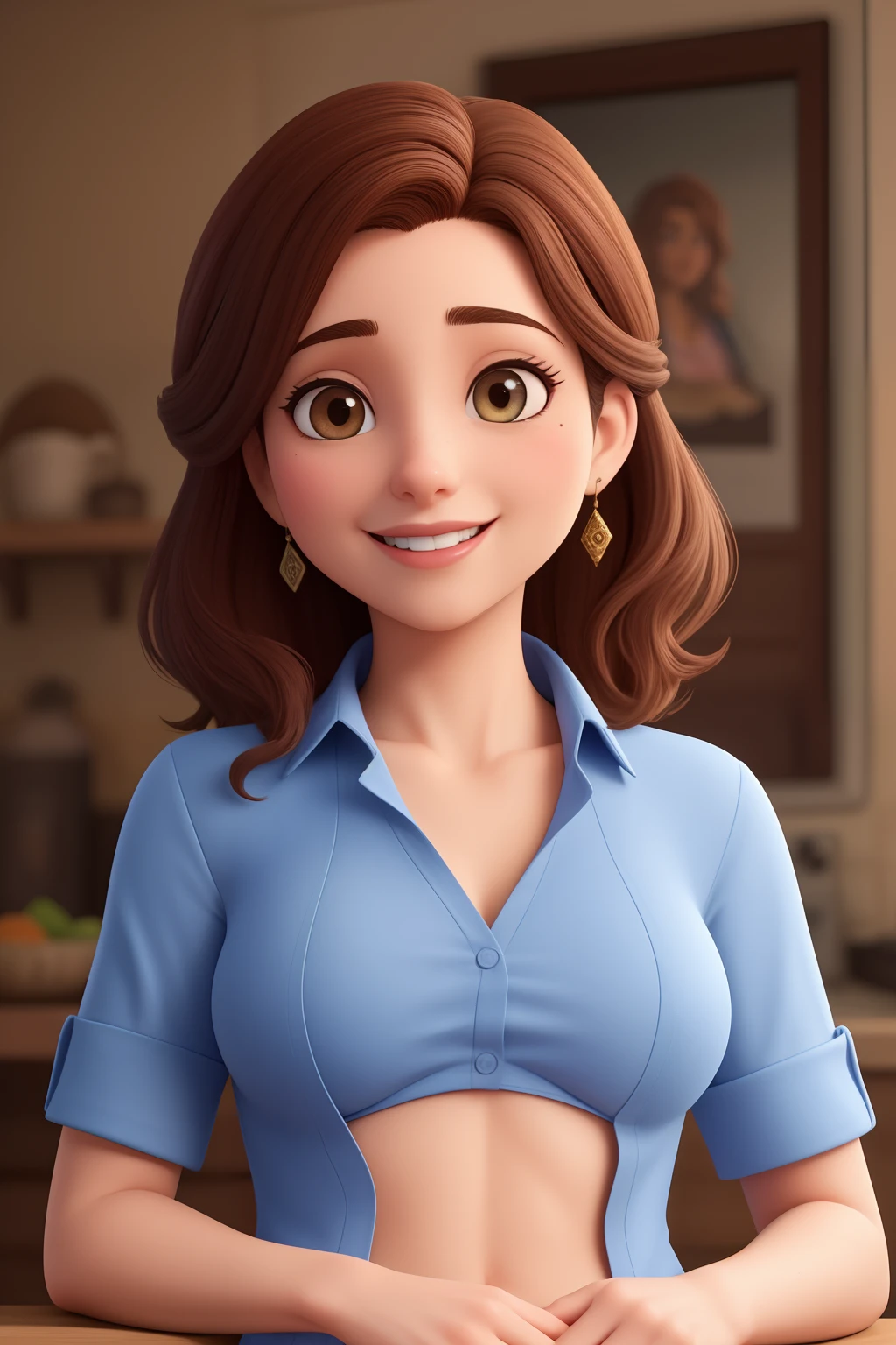 A Woman 30 years old, architect, with medium hair, dark brown, Round face, charmer smile, and brown, slightly slanted eyes, brunette skin, wearing a shirt and working.