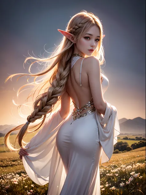 Graceful elven girl standing in meadow, Delicate face illuminated by the soft light of the setting sun. Her long, Flowing hair r...