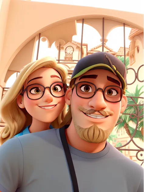 Casal estilo disney pixar melhor qualidade alta qualidade. man in cap, beard and sunglasses. Mulher loira, baton vermelho, sunglasses blonde hair, longos e lisos