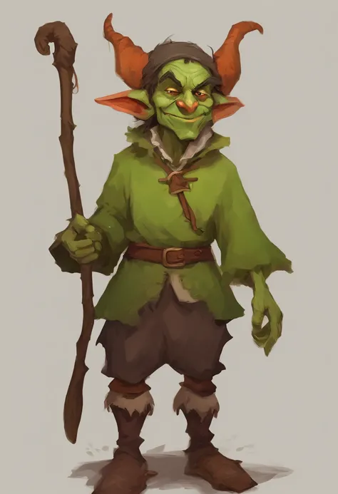 A small, young, green-skinned, warmly dressed, (winter clothes) goblin ...