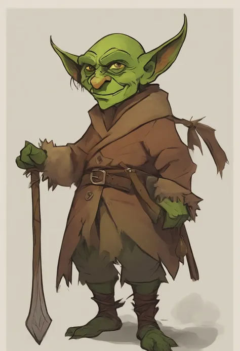 A small, young, green-skinned, warmly dressed, (winter clothes) goblin ...