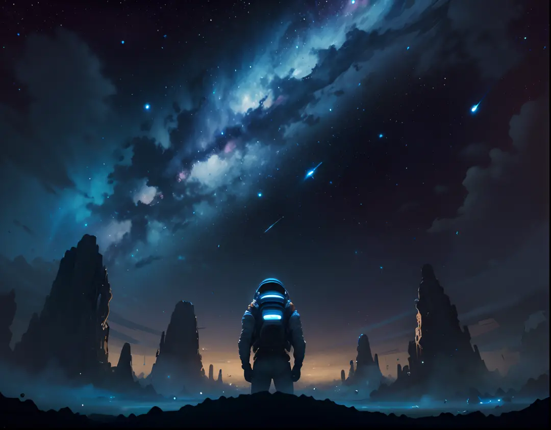 Produce a high-quality image with advanced levels of detail and cinematic style. The scene is supposed to depict outer space, with a deep blue galaxy in the background, Filled with countless twinkling stars. The angle of view should simulate the perspectiv...