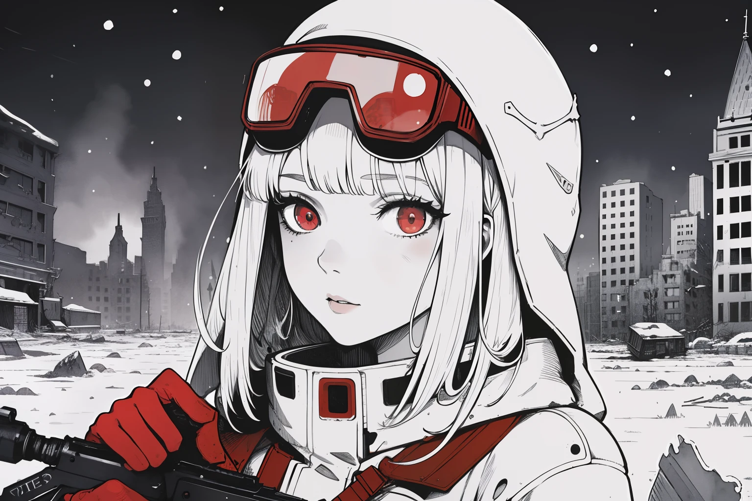 masterpiece, best quality, 1girl, (closeup face), 1girl, snipler, white outfit, (red goggles), holding a rifle, winter, snowstorm, snowfall, white, city ruins, desolate, watercolor, sketch