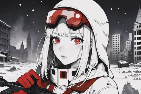 masterpiece, best quality, 1girl, (closeup face), 1girl, snipler, white outfit, (red goggles), holding a rifle, winter, snowstor...