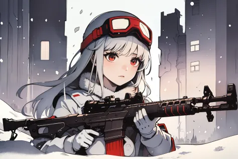 masterpiece, best quality, 1girl, (closeup), 1girl, snipler, white outfit, (red goggles), holding a rifle, winter, snowstorm, sn...