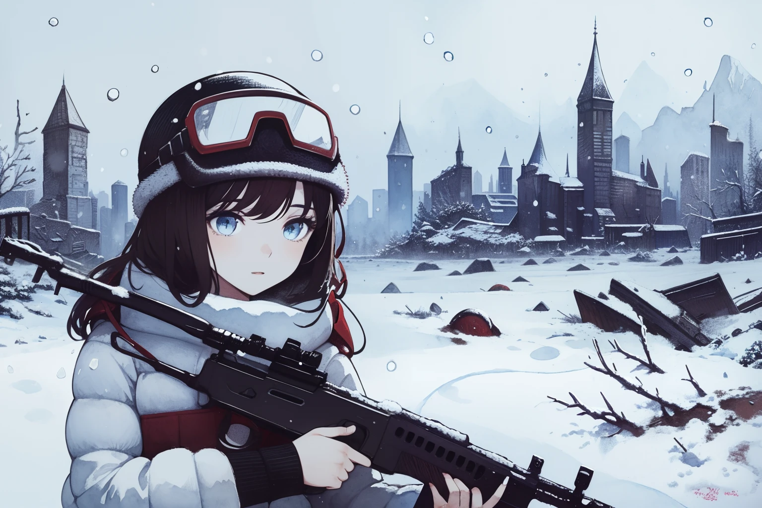 masterpiece, best quality, 1girl, (closeup), 1girl, snipler, white outfit, (red goggles), holding a rifle, winter, snowstorm, snowfall, white, city ruins, desolate, watercolor, sketch