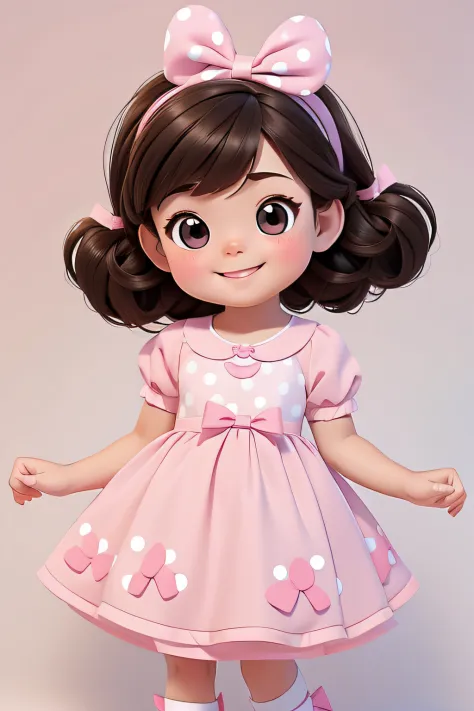 [(A cute smiling brunette girl :1.2)(Small and cute baby)(with fair skin)(cheerfulness)][(Wear costumes inspired by "stuffed animals".) , KIDS ILLUSTRATION , clean backdrop], Wearing a small pink dress，It has white polka dots on it，There is a bow in the ha...