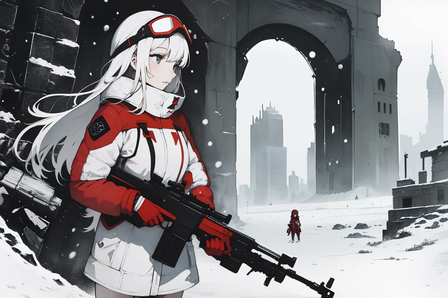 masterpiece, best quality, 1girl, closeup, 1girl, snipler, white outfit, (red goggles), holding a rifle, winter, snowstorm, snowfall, white, city ruins, desolate, watercolor, sketch