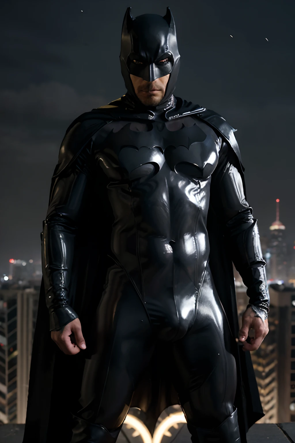 Batman in a black leather suit standing on a rooftop - SeaArt AI