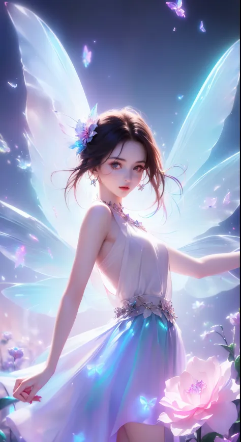 (((girl with))，Long skirt，（Flower Fairy），(colorful wings），Irridescent color，Arthur effect, Transparent body, Gradient translucent glass melt, Caustics, Glass Texture, Irridescent color, Designed by Dietrams, It features a simple, Glows in great detail, ind...