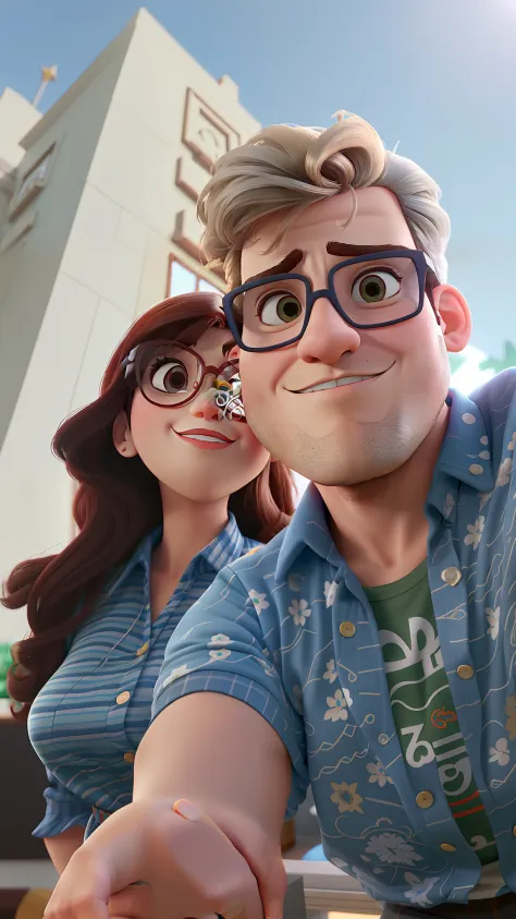 Casal (homem moreno e mulher branca) no estilo Disney Pixar, alta qualidade, melhor qualidade. Woman wears glasses.