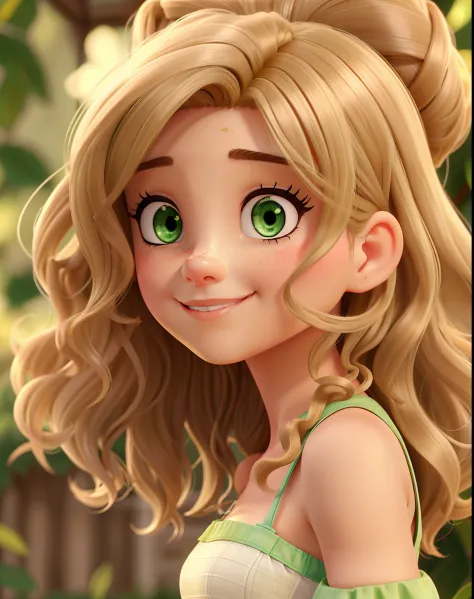 A beautiful girl with medium dark blonde curly hair, Olhos verdes,de delineado sorrindo