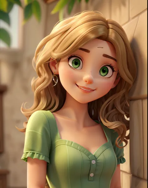 A beautiful girl with medium dark blonde curly hair, Olhos verdes,de delineado sorrindo