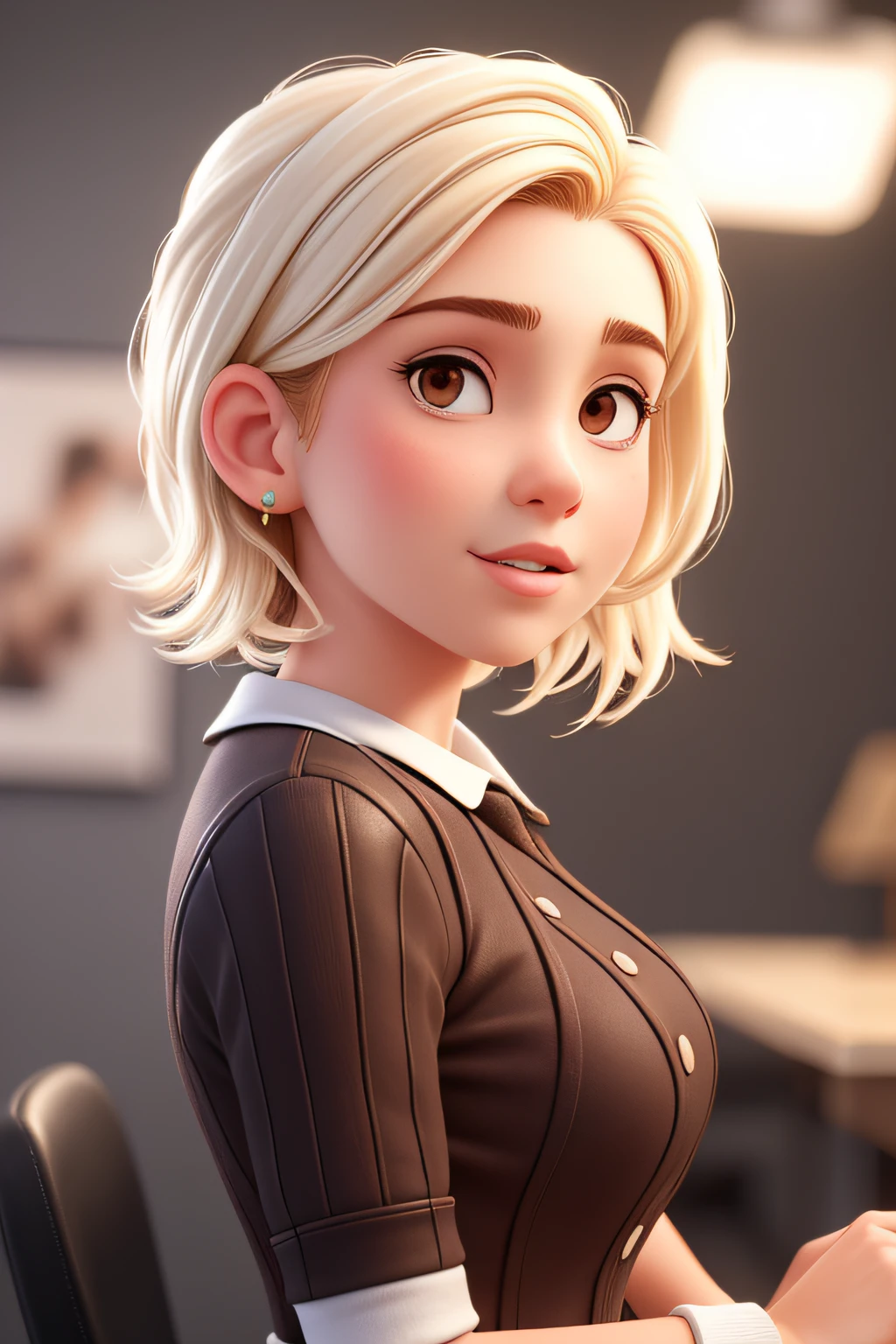 (bright colors,highres),(realistic,photorealistic:1.37),short white hair,girl, beautiful detailed brown eyes,beautiful lips,stylish outfit,confident,looking straight ahead,modern portrait,studio lighting,vibrant colors,sharp focus,crisp details,subtle gradient background,warm lighting,white hair, short hair, Brown eyes