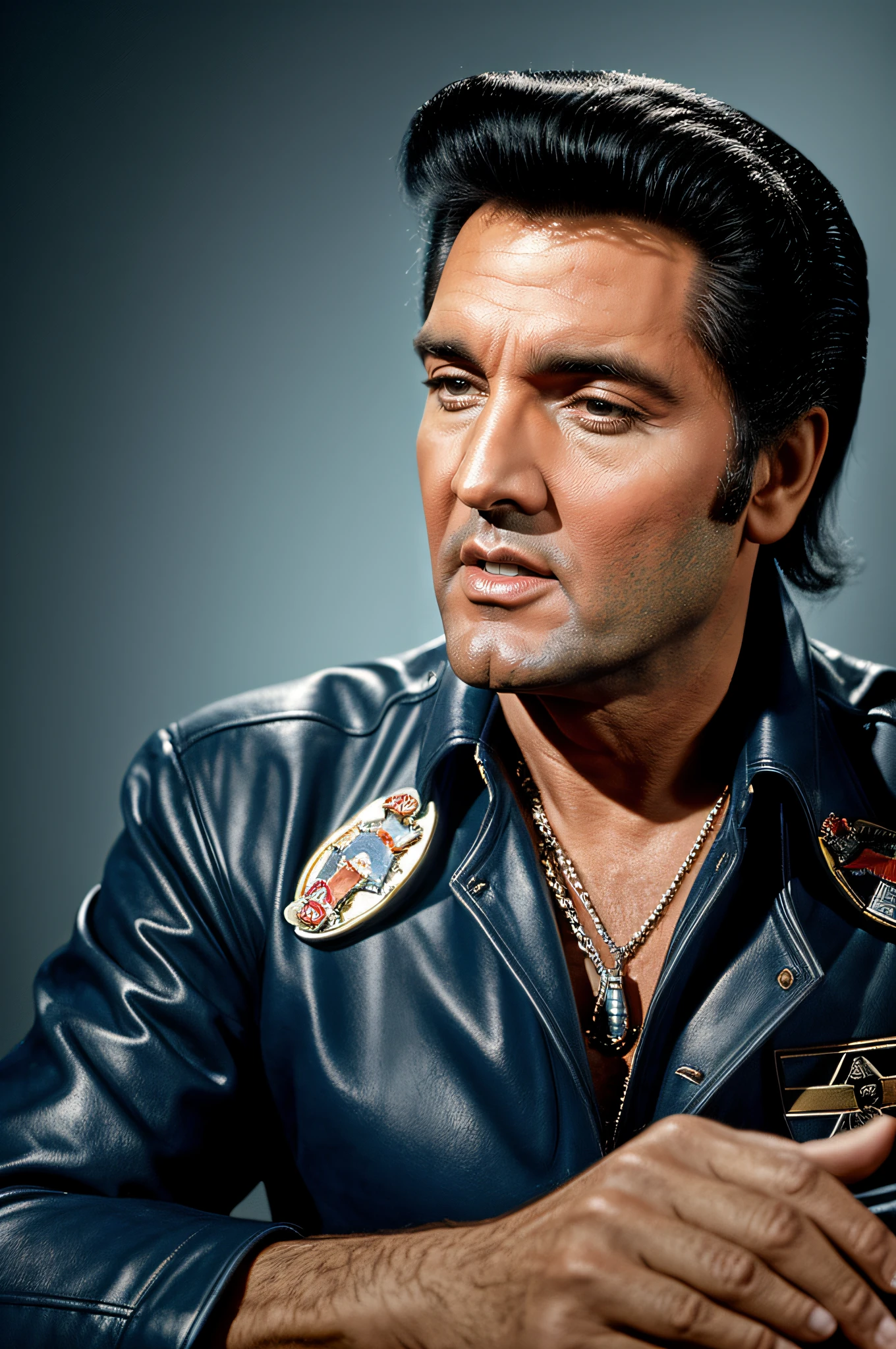 Crie um retrato fotorrealista em 8k de Elvis Presley se ele tivesse 88 anos hoje, Elementos altamente detalhados, hiper-realista, all in high definition and 8K Ultra HD resolution, retrato surreal