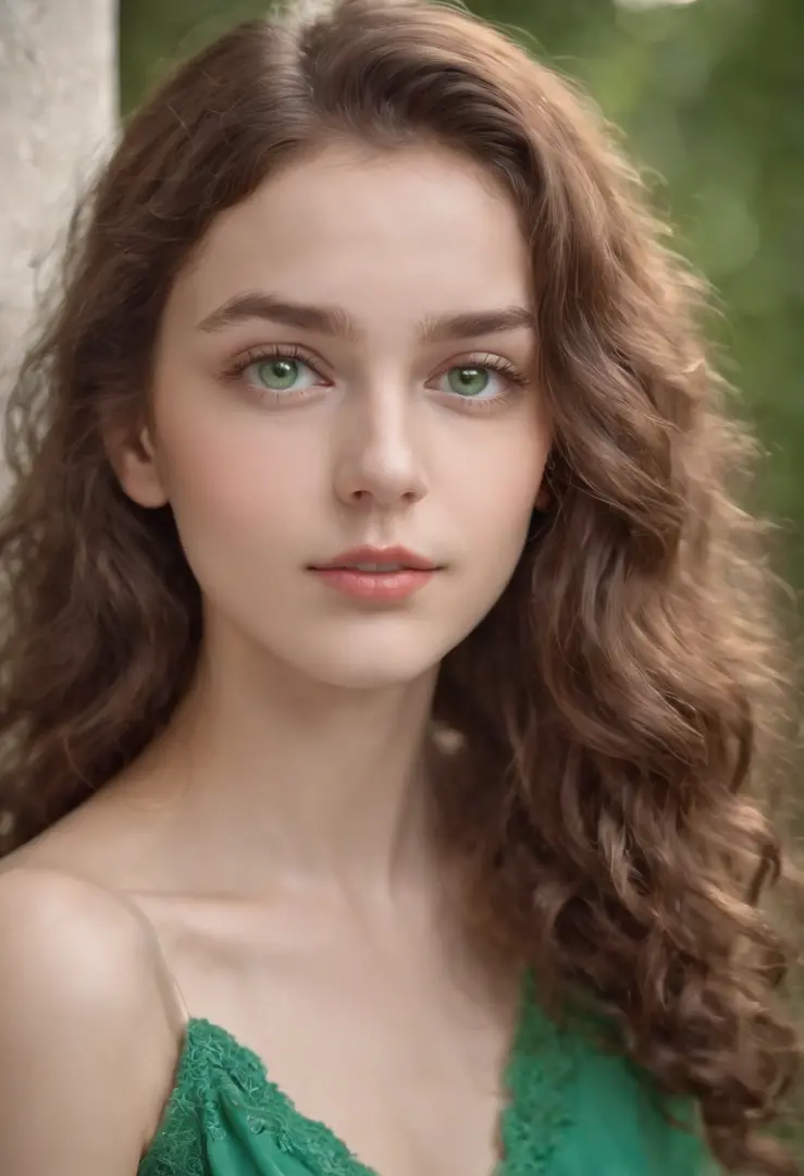 fair complexion,  around 14 years old, natural curly brown hair, distinctive green eyes, slender and graceful, beautiful, home setting, ultra sharp focus, realistic shot, trendy female clothes,