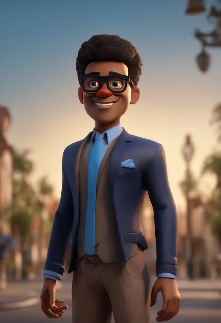 Cartoon character of a brown man with black glasses and a blue dress shirt, animation character,  with black clown nose,Caractere estilizado, animation style rendering, 3D estilizado, Arnold Maya render, 3 d render stylized, toon render keyshot, Personagem...