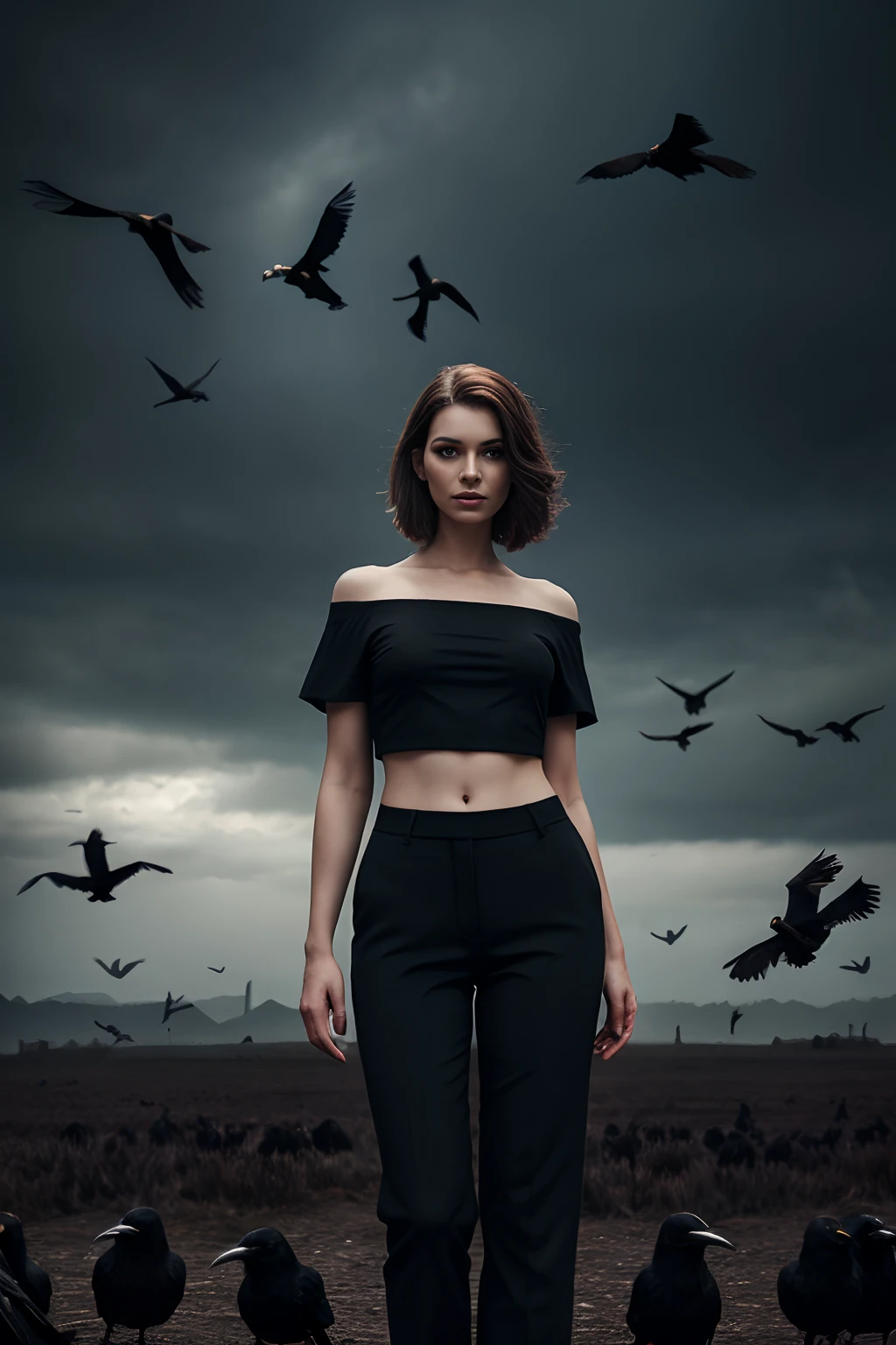 arafed woman in black top and pants standing in front of birds, flora borsi, among ravens, by Galen Dara, ravens stormy sky of foreboding, with a crow on her shoulder, photography alexey gurylev, swarms of ravens, crows, photography alexey kurylev, inspired by Richard Avedon, promo shot