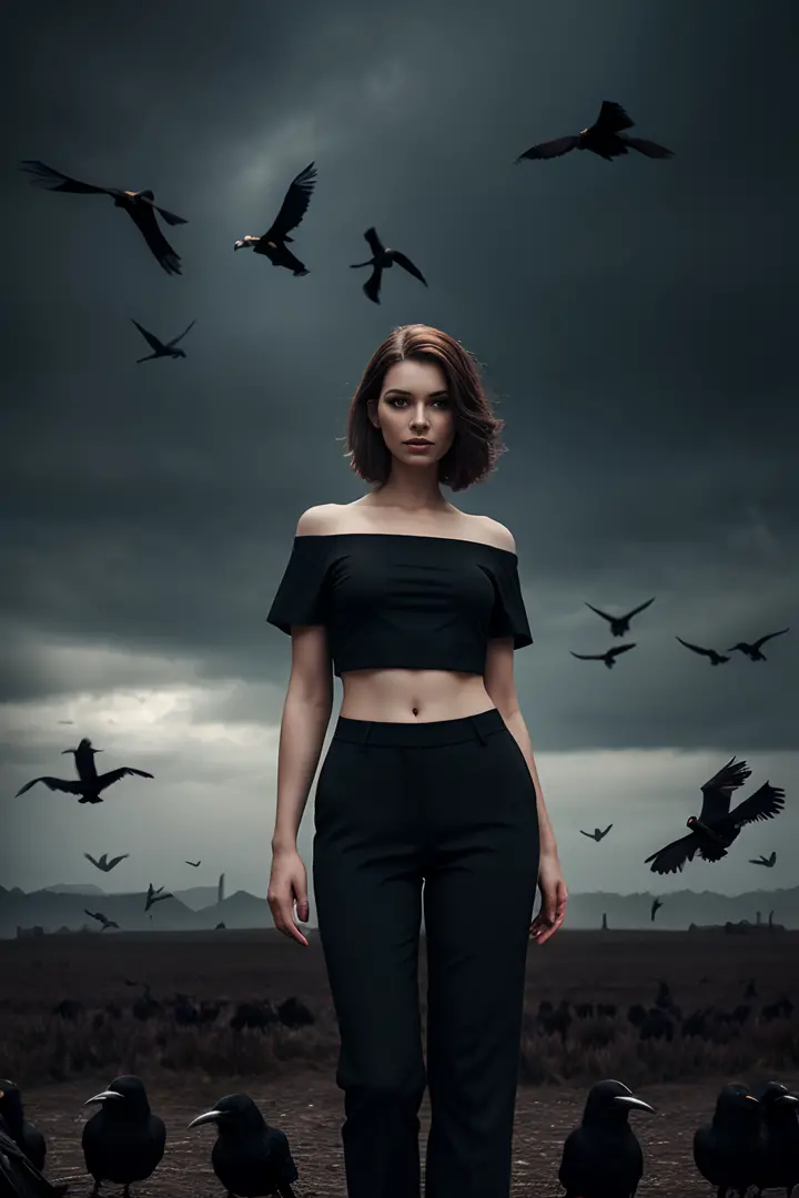arafed woman in black top and pants standing in front of birds, flora borsi, among ravens, by Galen Dara, ravens stormy sky of f...