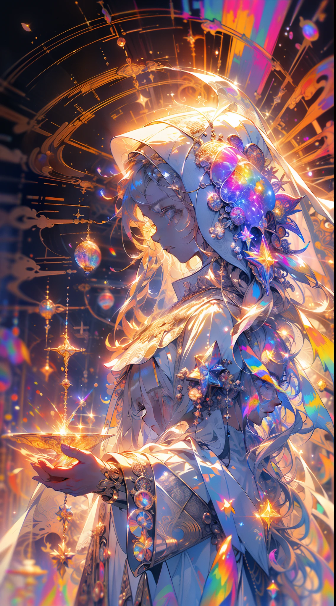 (masterpiece, top quality, best quality, official art, beautiful and aesthetic:1.2), (1girl), extreme detailed, (fractal art:1.3), colorful, highest detailed, perfect face, upper body, HDR, (praying:1.3), (white cloak golden lines:1.2), galaxy, (light streaks), striking visuals, (dynamic streaks, luminous trails:1.2), vibrant colors,