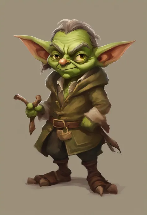 A small, young, green-skinned, warmly dressed, (winter clothes) goblin ...