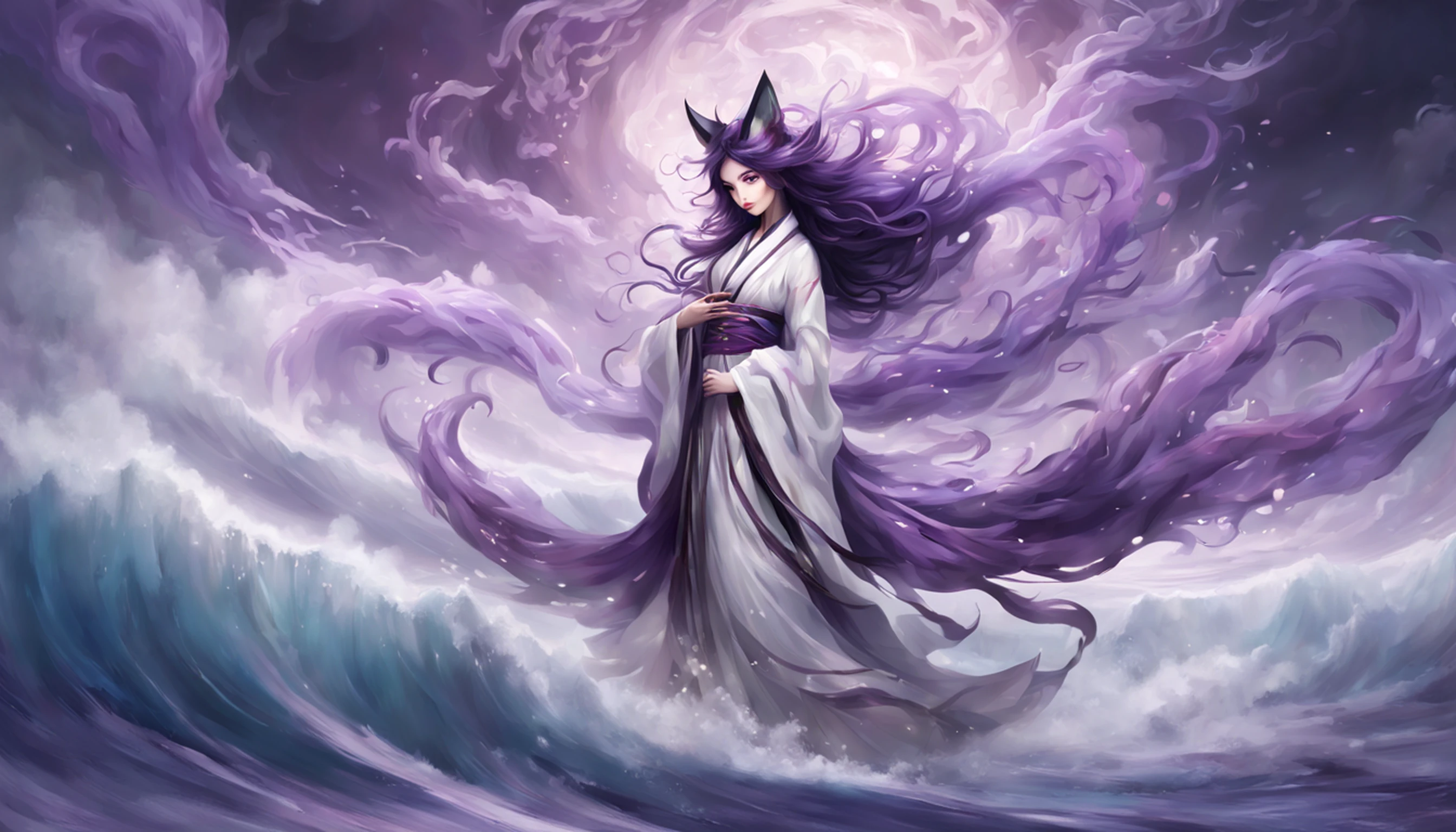 Beautiful and ethereal vixen dressed in flowing white Chinese robes。The image captures fox spirits in the dark sea of the netherworld，It is surrounded by purple gas and faint clouds。Use Midjourney's advanced brush tools to create intricate folds and textures on vixen's robes and hair，And experiment with different color palettes and brushstrokes to bring out the ethereal quality of the scene。The image of the fox spirit is sometimes obscured by the purple qi around it，It also enhances the beauty of the vixen，Make the scene full of mystery and fascination。Aproveite as poderosas ferramentas do Midjourney，You can bring this captivating and ethereal scene to life with incredible detail and beauty。 HDR，（Realismo，qualidade da obra-prima，melhor qualidade），，Pureerosface_v1，Urzang-6500-v1 version.1，