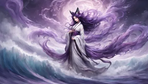 Beautiful and ethereal vixen dressed in flowing white Chinese robes。The image captures fox spirits in the dark sea of the nether...