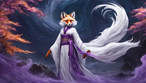 beautiful and ethereal vixen dressed in flowing white chinese robes。the image captures fox spirits in the dark sea of the nether...