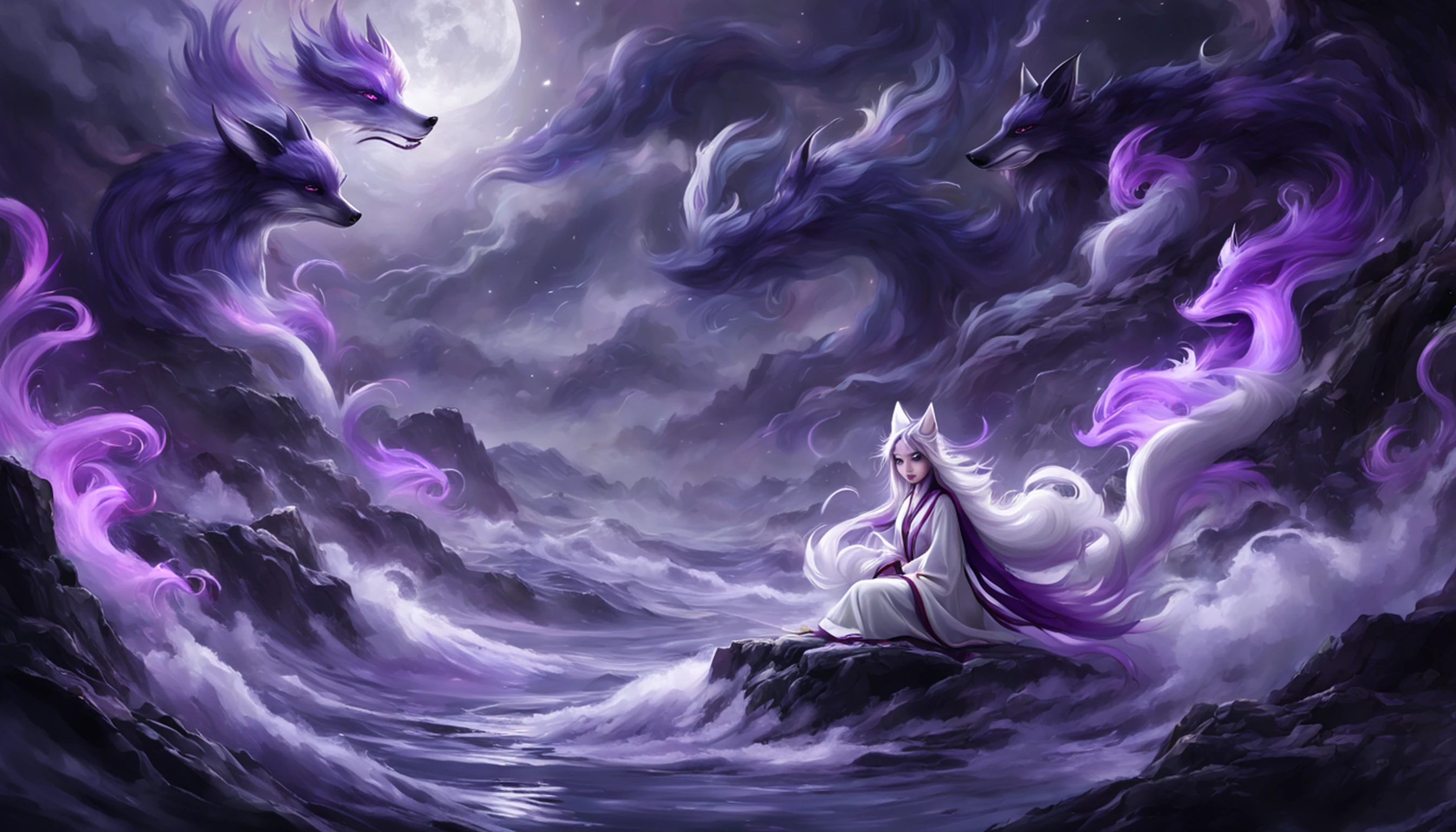 Beautiful and ethereal vixen dressed in flowing white Chinese robes。The image captures fox spirits in the dark sea of the netherworld，It is surrounded by purple gas and faint clouds。Use Midjourney's advanced brush tools to create intricate folds and textures on vixen's robes and hair，And experiment with different color palettes and brushstrokes to bring out the ethereal quality of the scene。The image of the fox spirit is sometimes obscured by the purple qi around it，It also enhances the beauty of the vixen，Make the scene full of mystery and fascination。Aproveite as poderosas ferramentas do Midjourney，You can bring this captivating and ethereal scene to life with incredible detail and beauty。 HDR，（Realismo，qualidade da obra-prima，melhor qualidade），，Pureerosface_v1，Urzang-6500-v1 version.1，