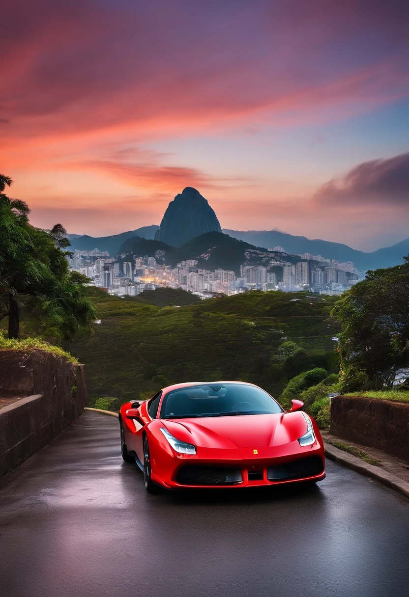 красная спортивная машина едет по дороге на фоне горы - SeaArt AI