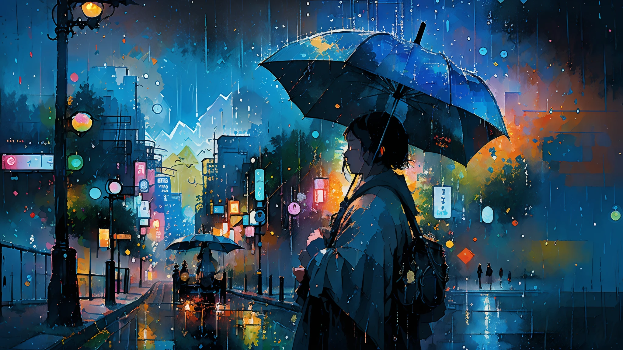 Hyperdetaillierte regenerative [Panne] Kunst, (KOAN), matte, untertrieben, (meditativ: 1.2), (harmonisch) Impressionismus, Zerebral, (verbunden), Labyrinth, (introspektiv), psyche, ausgewogen und wechselseitig, Regenstil, Konzept: (Totoro hält einen Regenschirm, Warten auf einen Bus in der regnerischen Nacht)