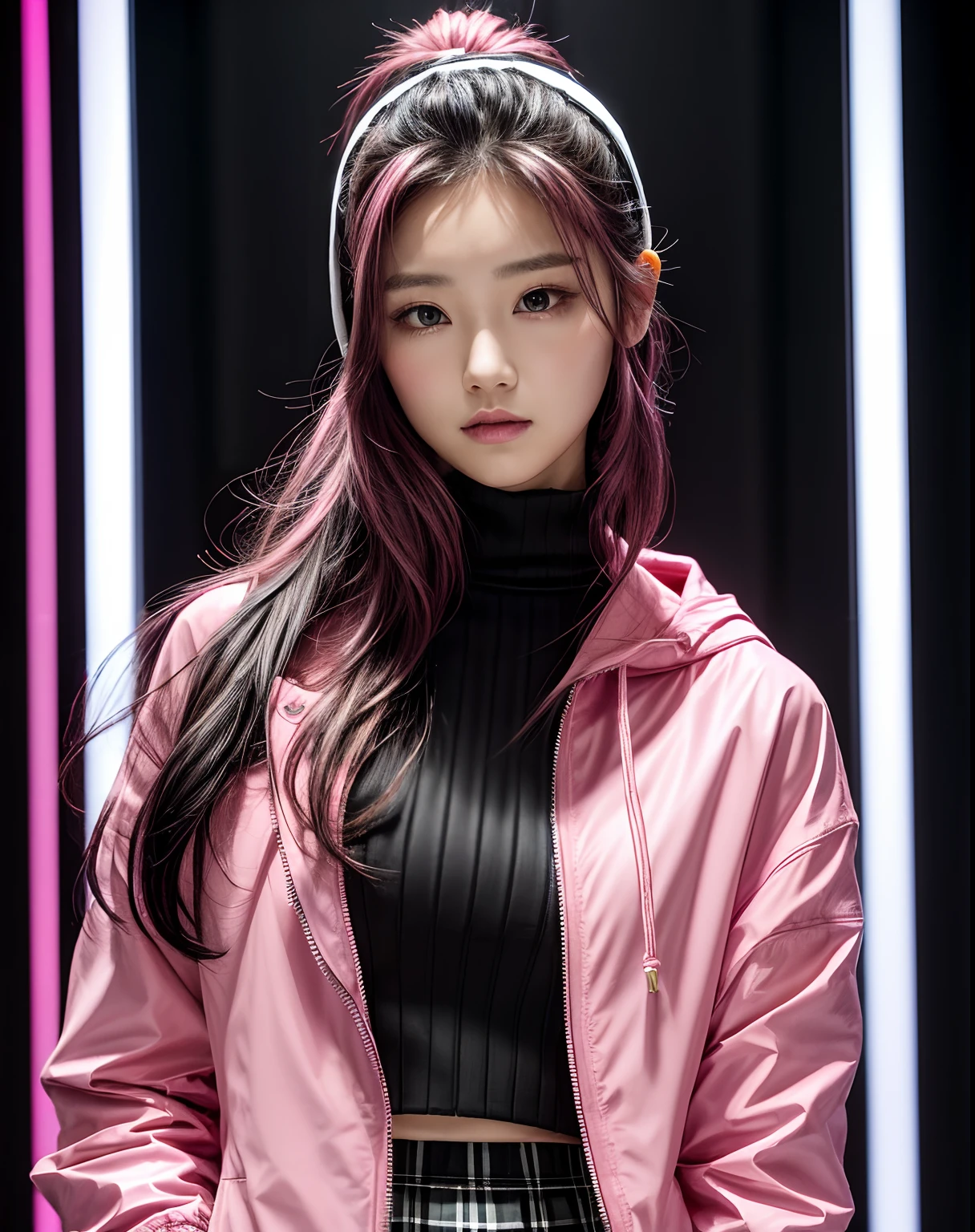 BREAK (pink theme:1.4), (oversized and baggy pink outerwear:1.3), (fusion of pink windbreaker and pink hoodie:1.4), (pink Nylon:1.4), ((zipper, large pocket):1.2),
BREAK (black turtleneck innerwear:1), (black and white plaid-pattern pleated-skirt:1.2), (black platform HIGH boots:1.2),