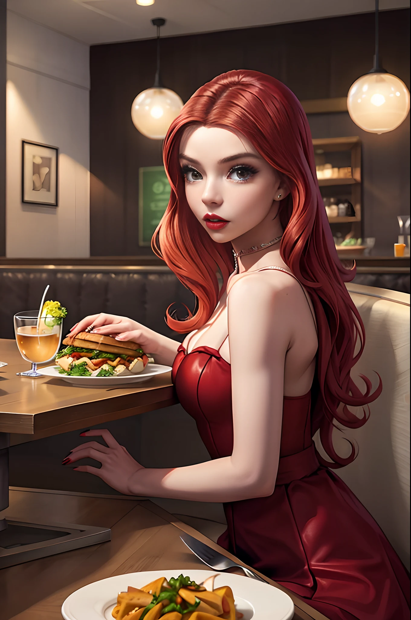 obra maestra, Realista, detallado, iluminación de estudio, Anya Taylor-Joy, pelo largo de color rojo, labios rojos deliciosos, en un restaurante de lujo, Clientes comiendo en el restaurante en el fondo, sentado en la mesa, Mesa llena de comida,comiendo comida, usando un vestido largo rojo, usando gargantilla, pose sexy, Cuerpo delgado,