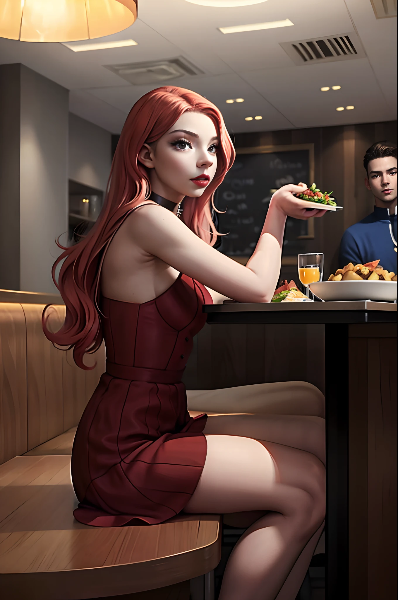 Masterpiece, realistic, detailed, studio lighting, Anya Taylor-Joy, long red hair, red luscious lips, at fancy restaurant, customers eating at restaurant in background, sitting at table, table full of food,eating food, wearing long red dress, wearing choker, sexy pose, thin body,