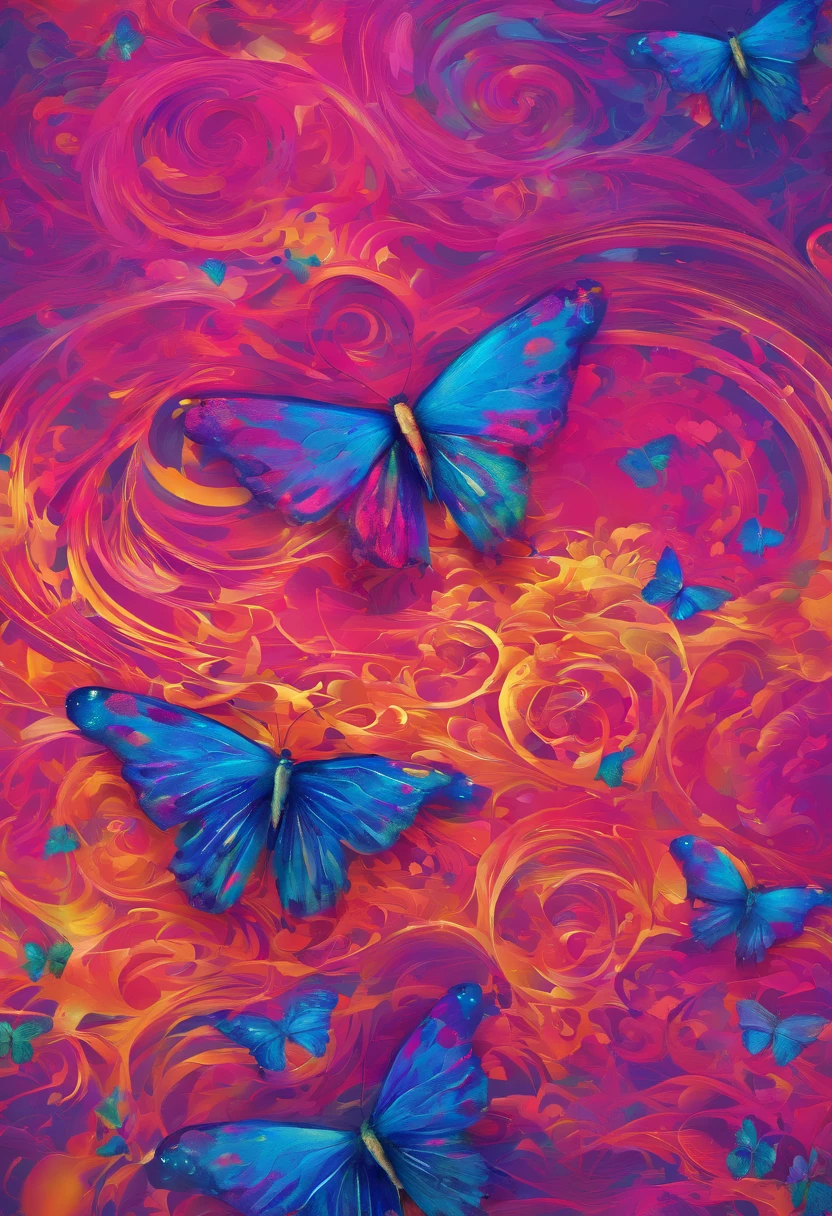 Fuchsia-colored, 3D, super-realistic butterfly, with delicate wings displaying intricate designs, gracefully takes flight from a sea of blue. This image evokes the themes of freedom and transformation, like the Phoenix Bird. The beauty and intricacy of the butterfly's wings, painted in vivid hues, capture the viewer's attention. The exceptional clarity and detail of the photograph allow us to appreciate the butterfly's fragile yet enchanting presence, bringing to life the essence of its essence of  and the transformative power of nature. Within the frame, this image transports viewers to a realm of natural wonder and breathtaking beauty.